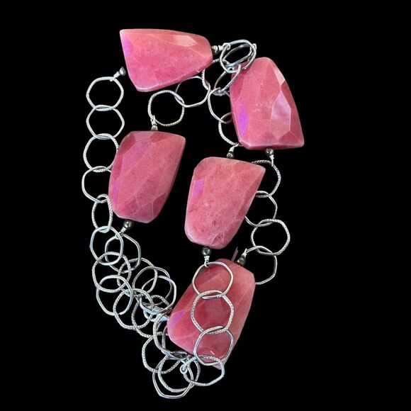 Pink Cherry Quartz Faceted Real Gemstone Station Set Sterling Silver Necklace - Picture 3 of 5